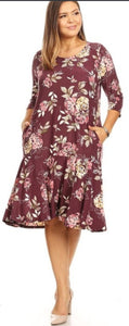 Wine Floral Ruffle Bottom Dress