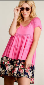 Hot Pink Tiered Floral Hem Dress