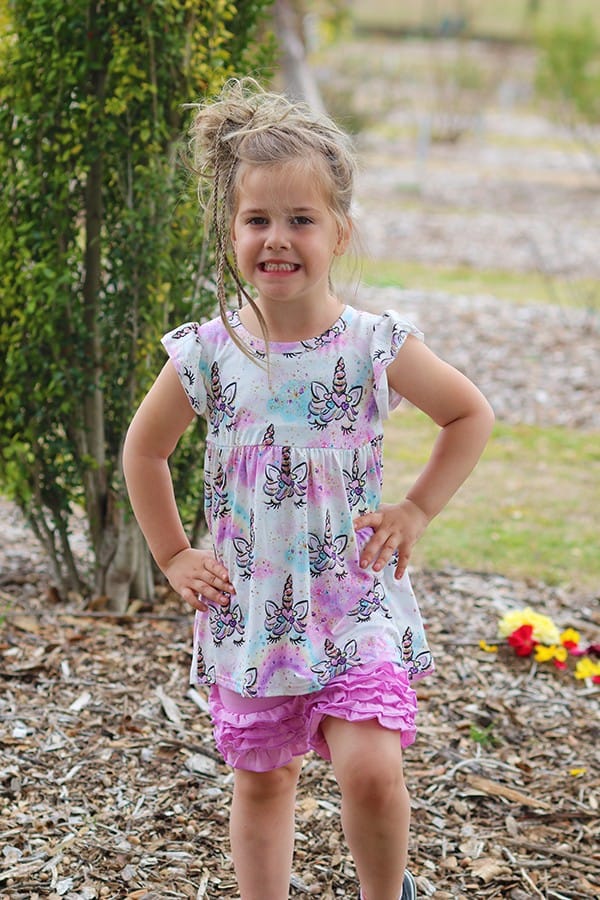 Girls Unicorn Printed Tunic with Lavender Ruffle Shorts