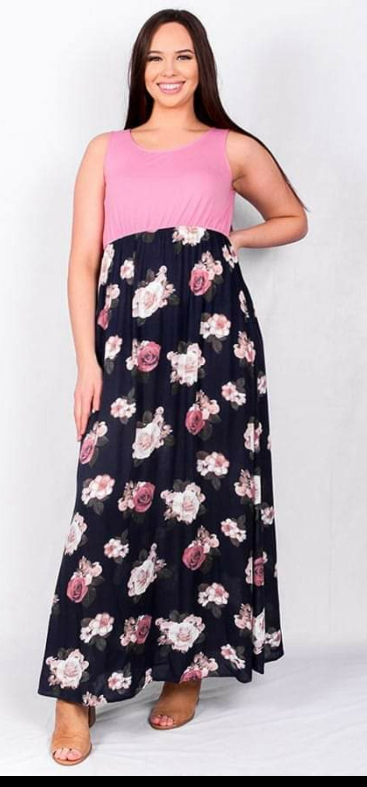 Pink and Navy Floral Maxi Dress