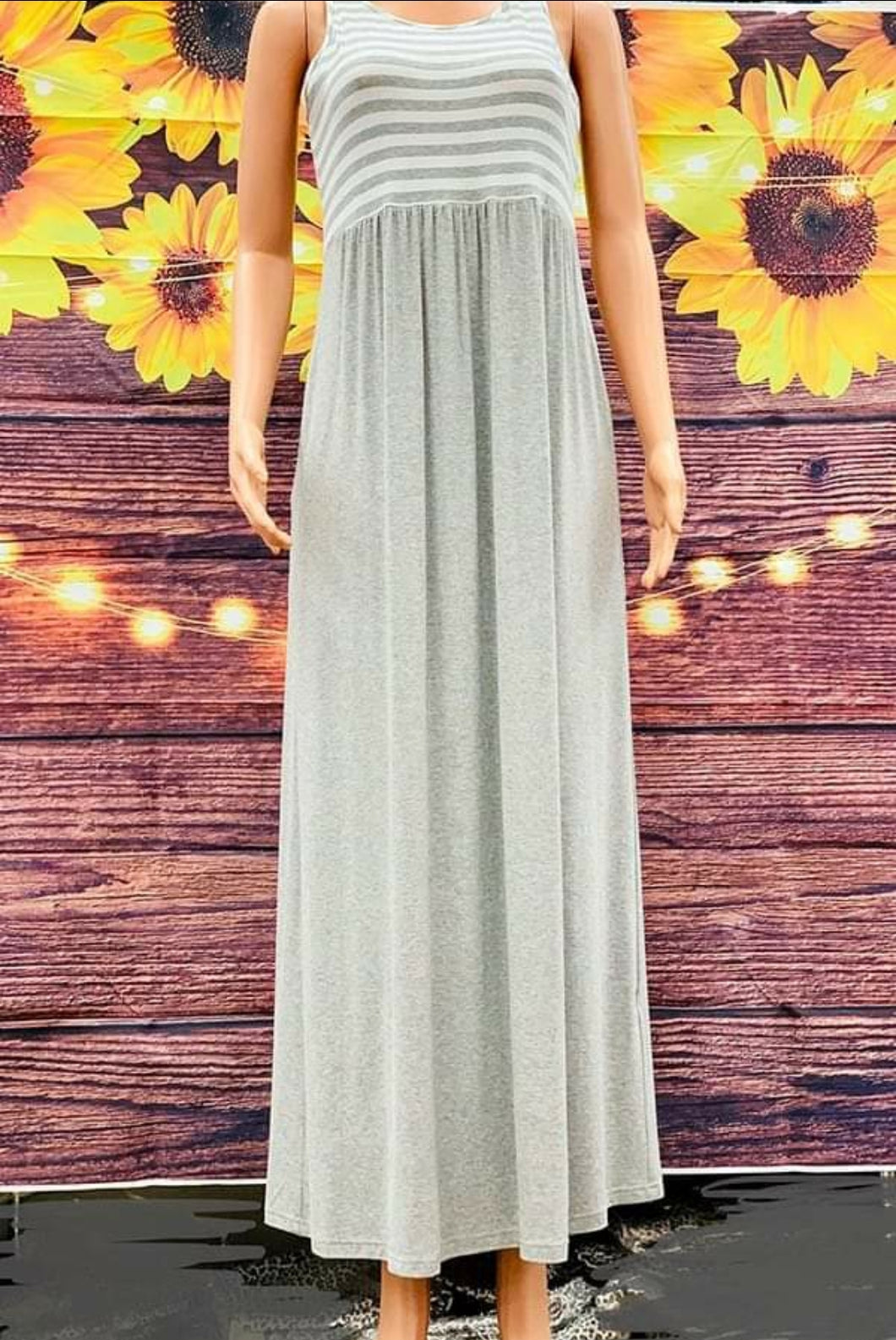 Gray and White Striped Maxi Dress