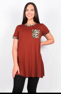 Rust Leopard Tunic Dress with Front Pocket