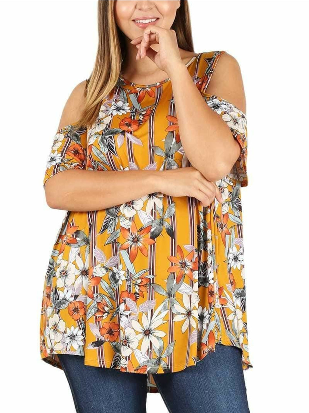 Mustard Floral Cold Shoulder Top