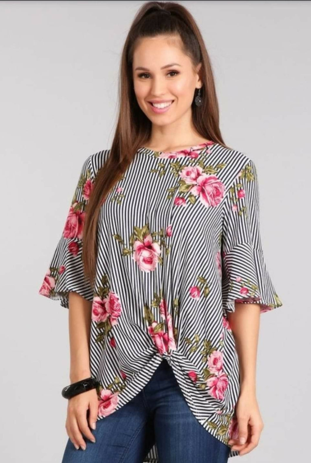 Navy Floral Stripe Top with Tie Knot Bottom