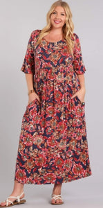 Red Floral Ruffle Sleeve Maxi Dress