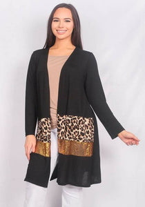 Black Cardigan w/ Leopard and Sequin Panels (S-M)