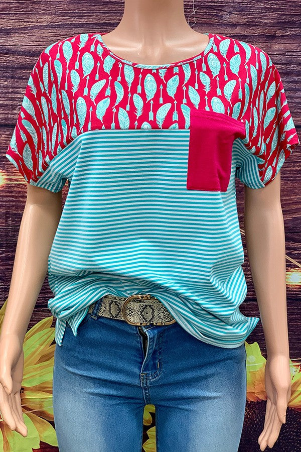 Blue and Pink feather front pocket top