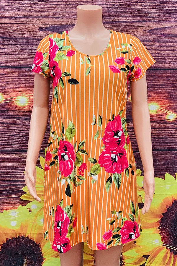 Orange Stripe Floral Short Dress