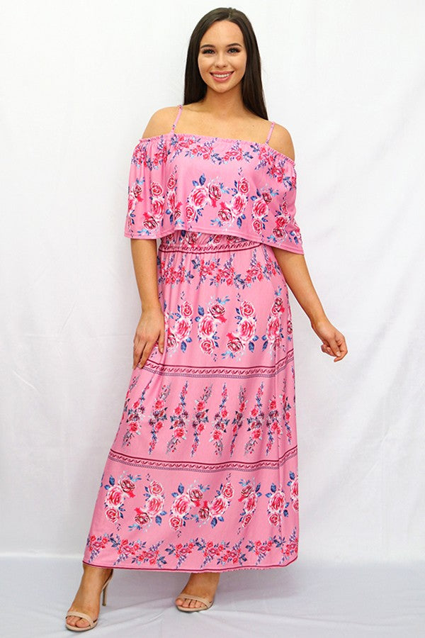 Pink Floral Off-Shoulder Maxi Dress